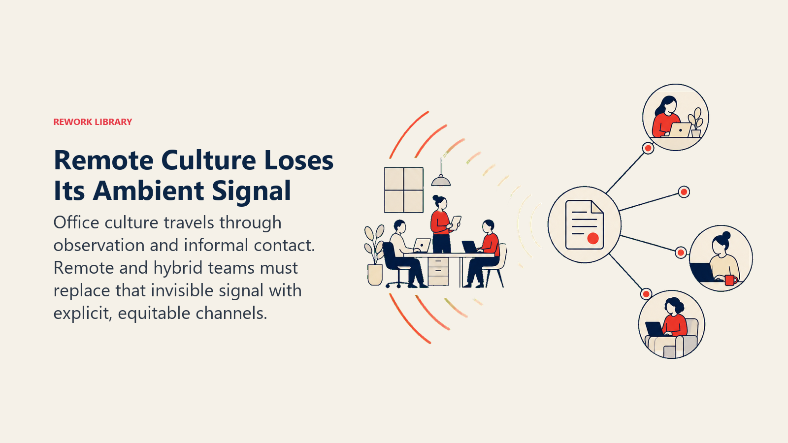 Ambient office culture signals fading across distance and being rebuilt through explicit channels to remote and hybrid team members