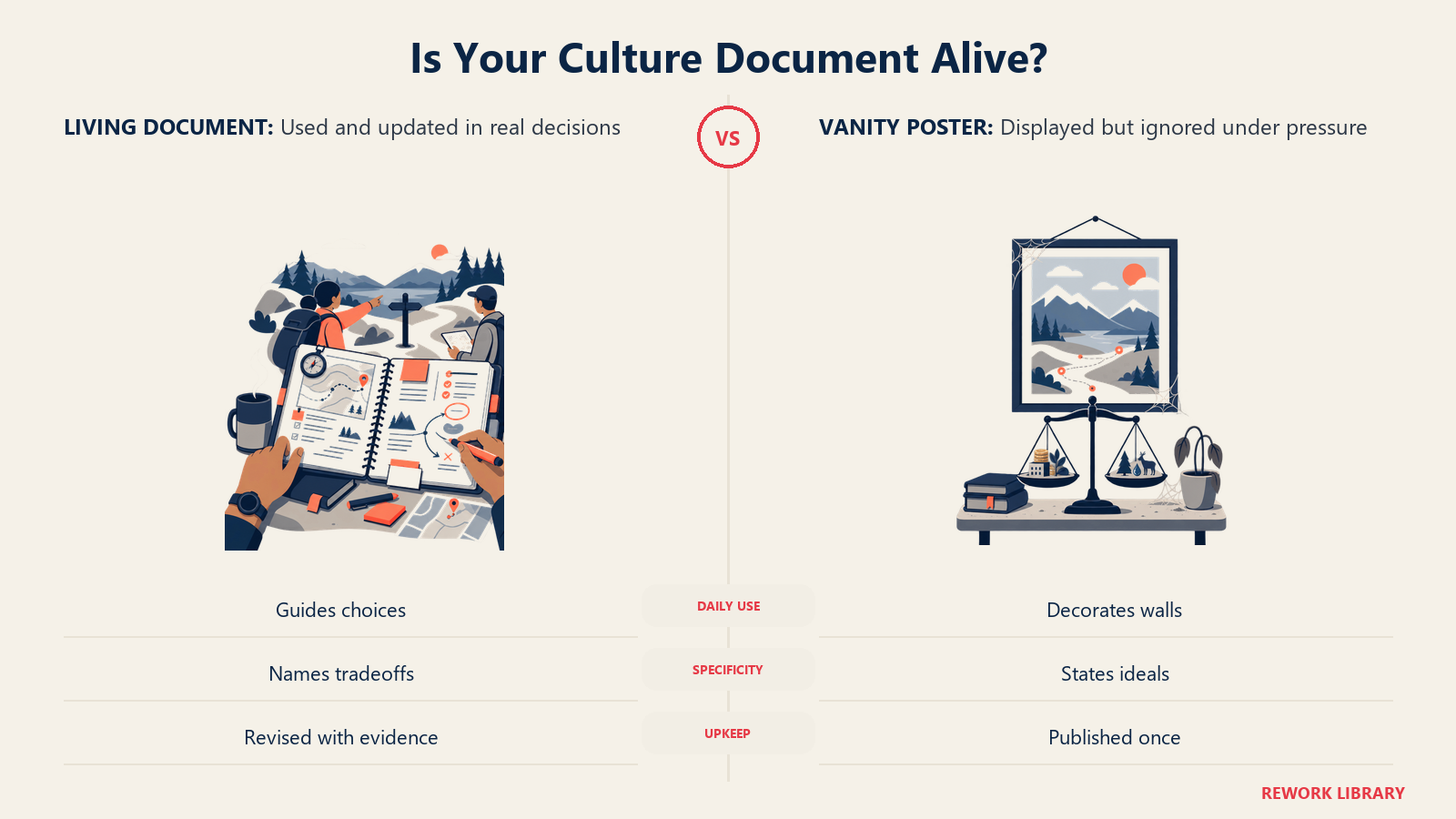 Living culture document compared with a static vanity poster across use, specificity, and upkeep