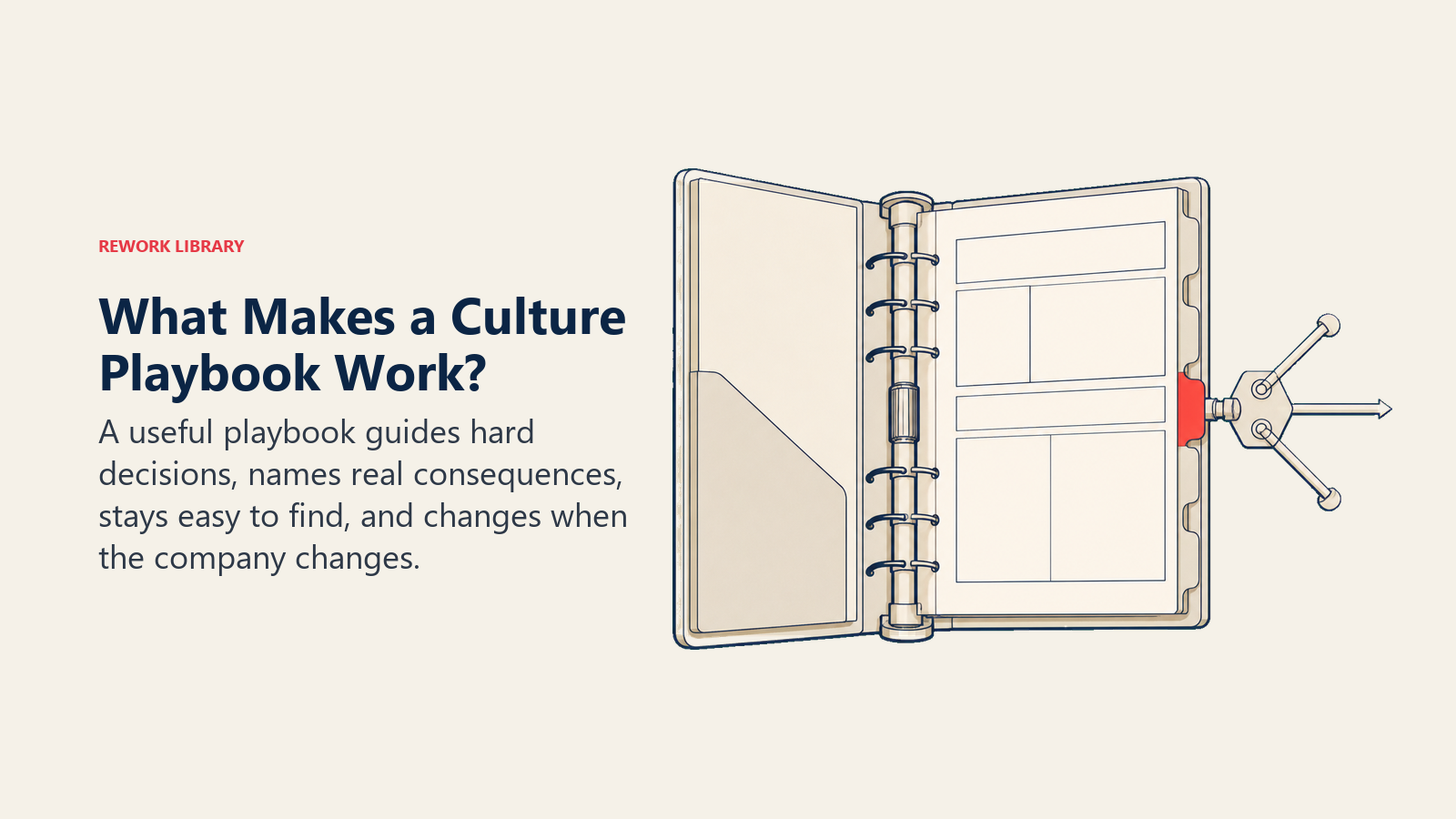 A working culture playbook shown as a living binder whose revision mechanism guides a difficult decision instead of sitting as a static poster