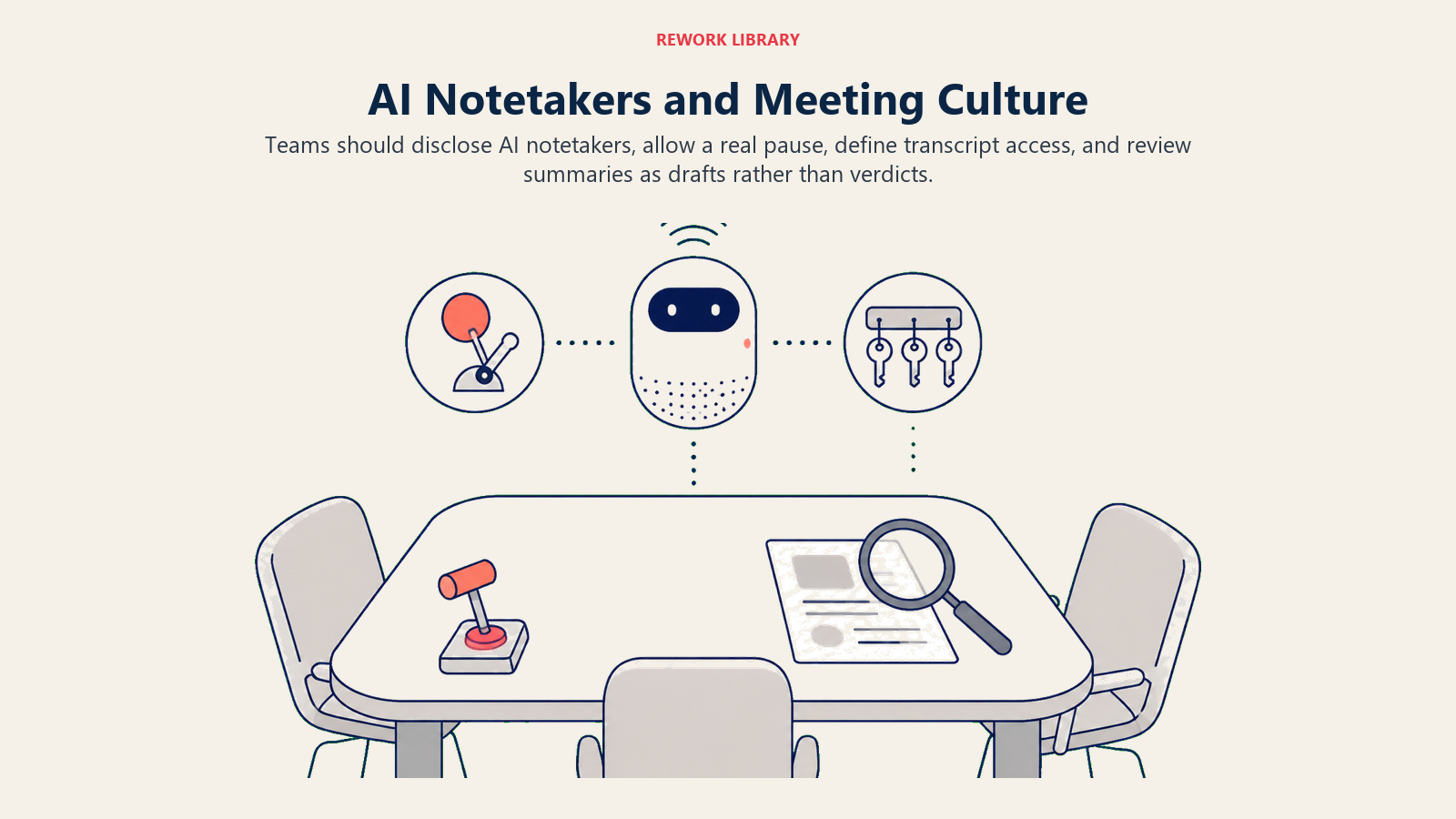 AI notetaker meeting culture with consent, pause, shared access, and human summary review