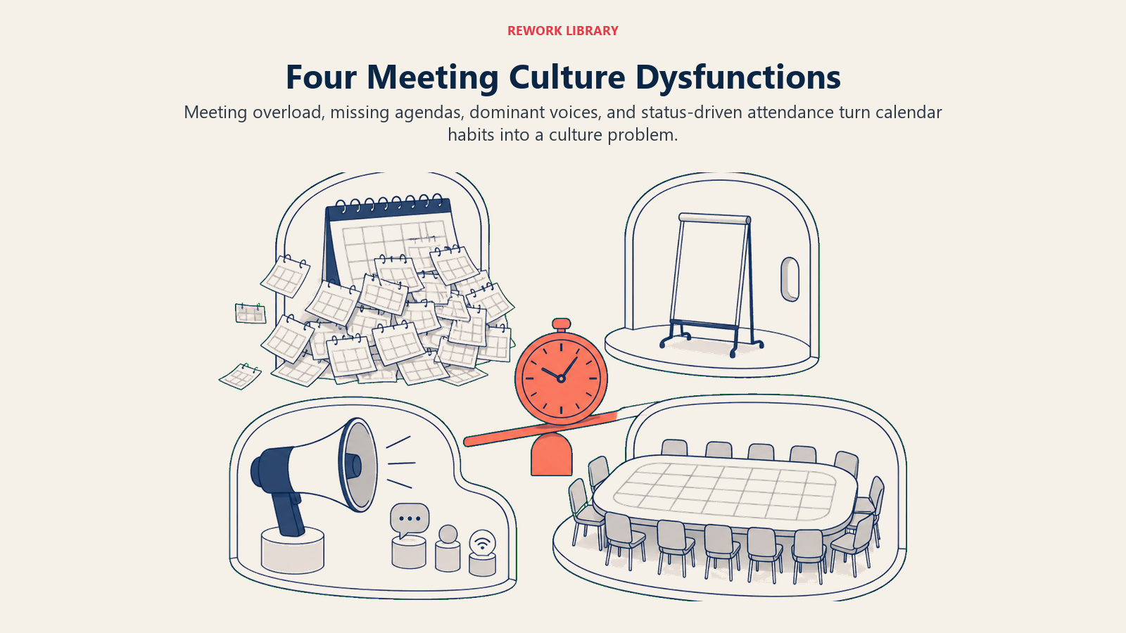 Four meeting culture dysfunctions shown as overload, ownerless agendas, dominant voices, and status attendance