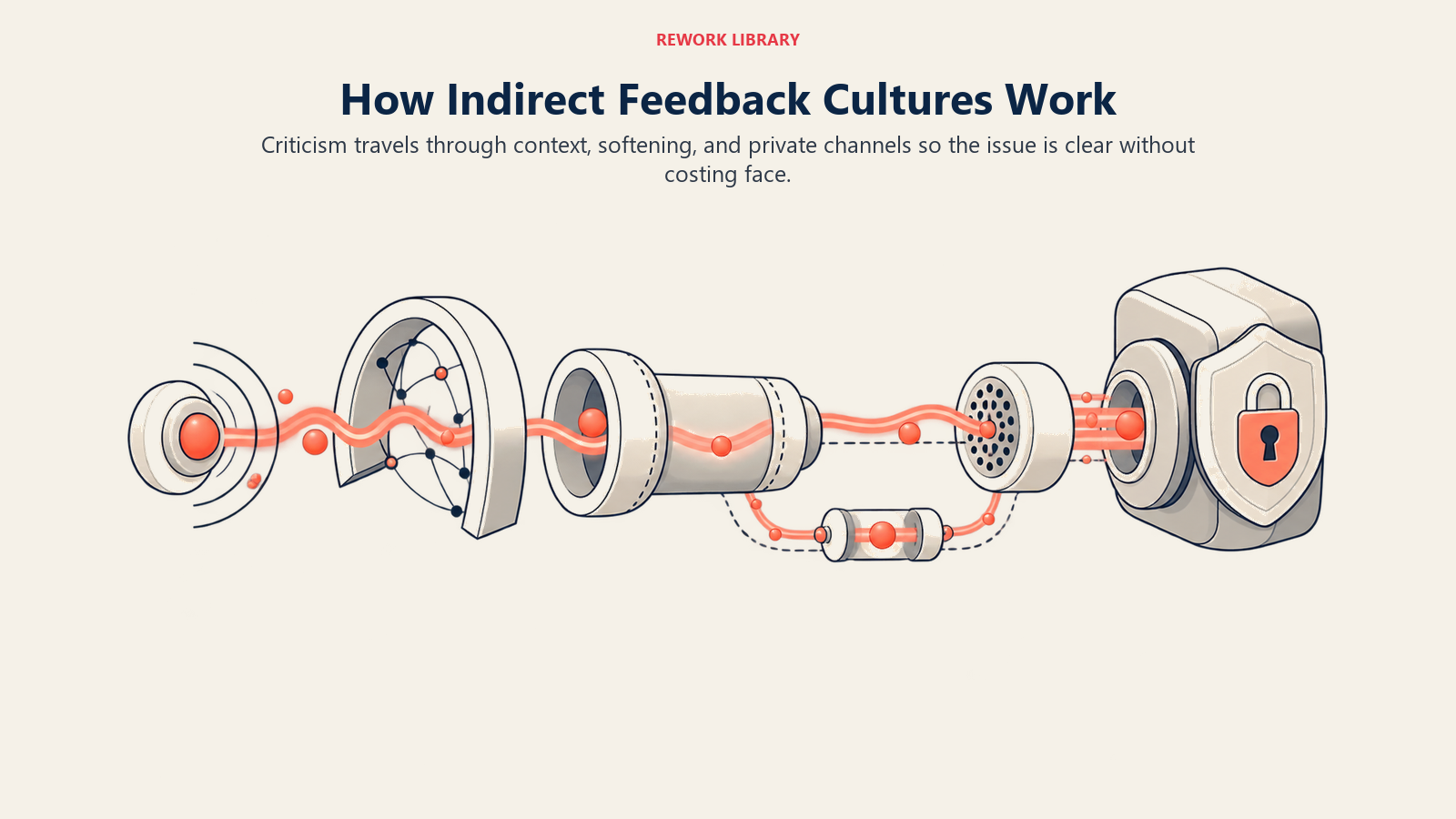 Indirect feedback shown moving through context, softening, and a private channel