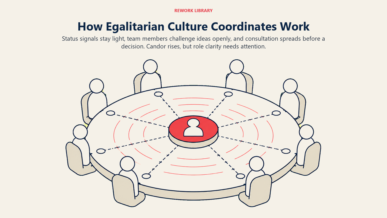 Egalitarian culture shown as open dialogue circulating freely around a flat round table