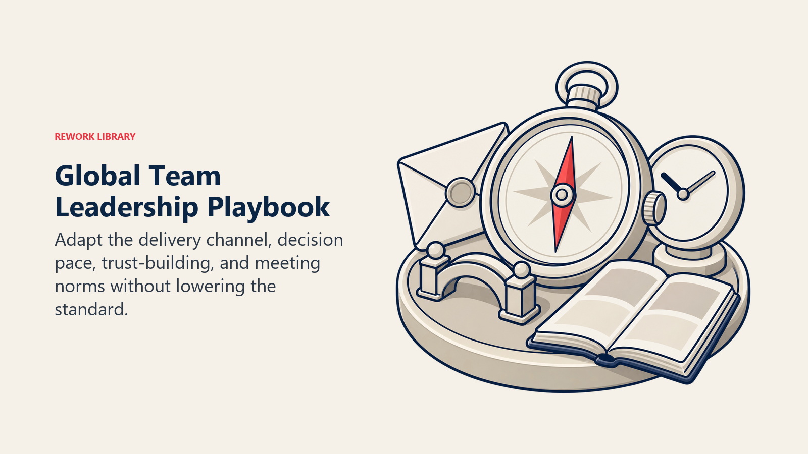 Global team leadership playbook shown as a compass-led field kit for feedback, trust, time, and written norms