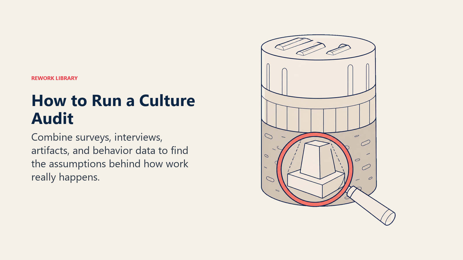 A culture audit shown as a core sample revealing artifacts, stated values, and hidden assumptions under an evidence lens