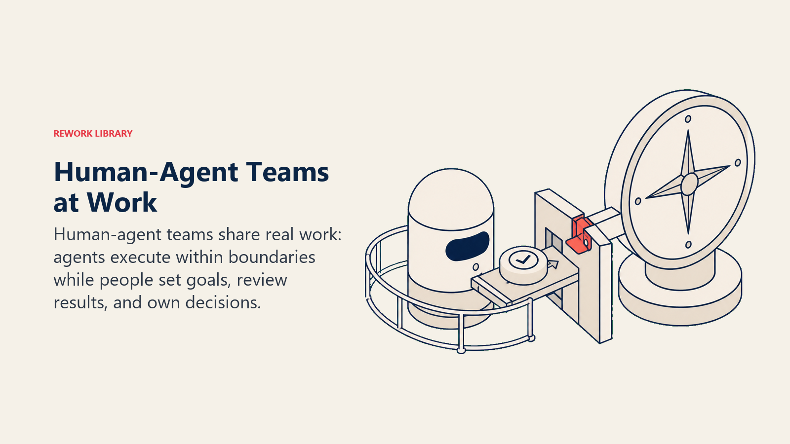 Human decision compass and AI agent capsule exchanging a completed task token at a shared review dock