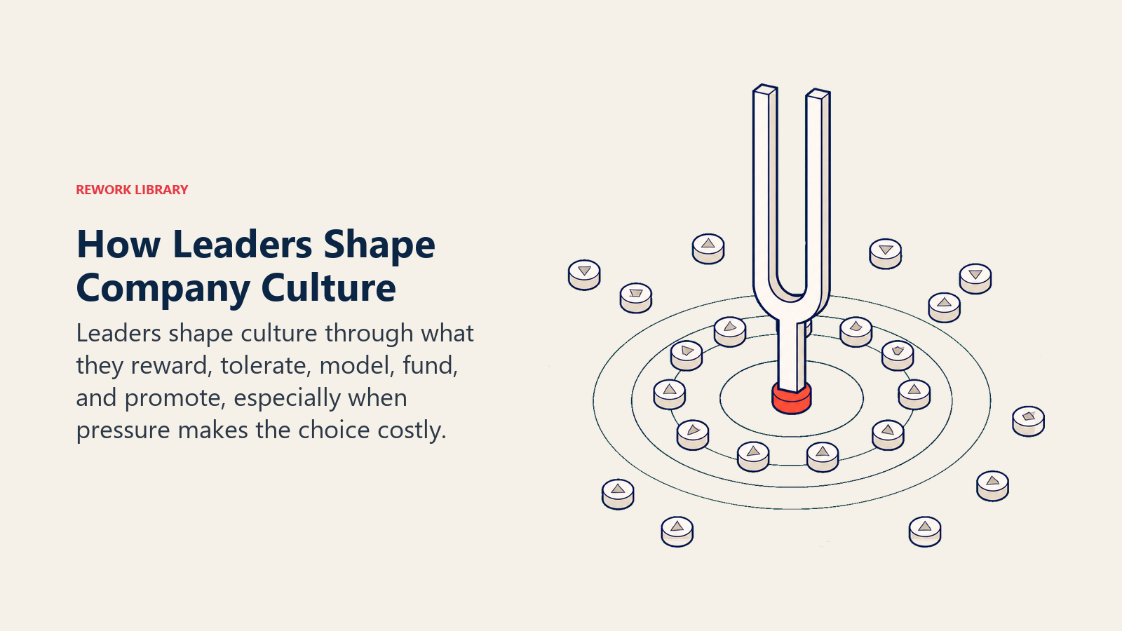 Leadership tuning fork aligning scattered team tokens into one coherent cultural pattern