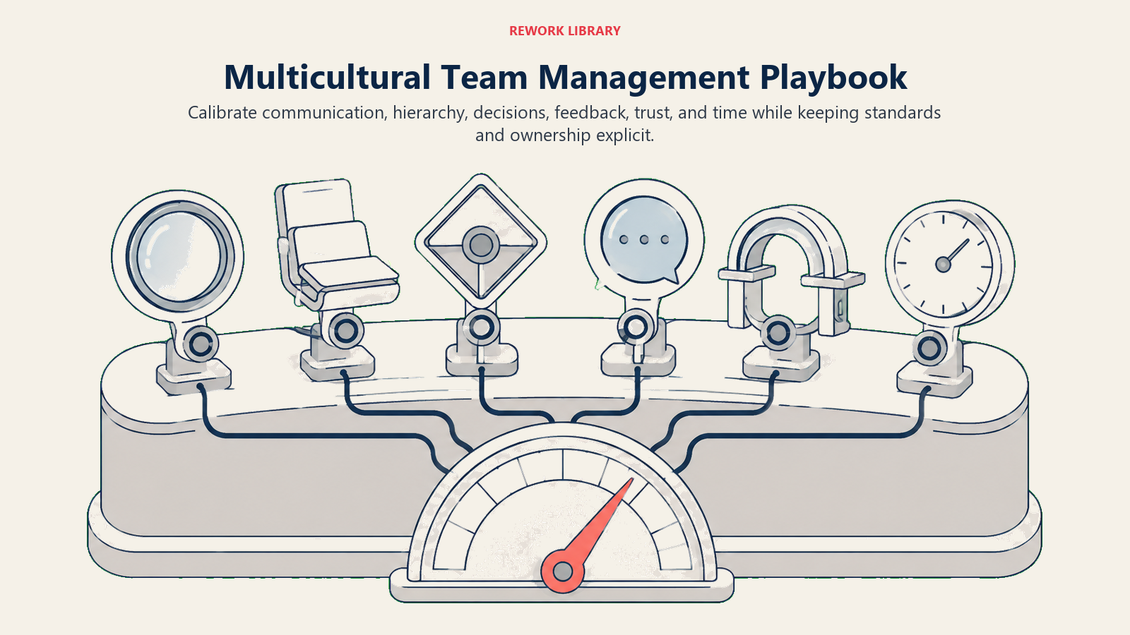 Multicultural team playbook shown as six controls for communication, hierarchy, decisions, feedback, trust, and time