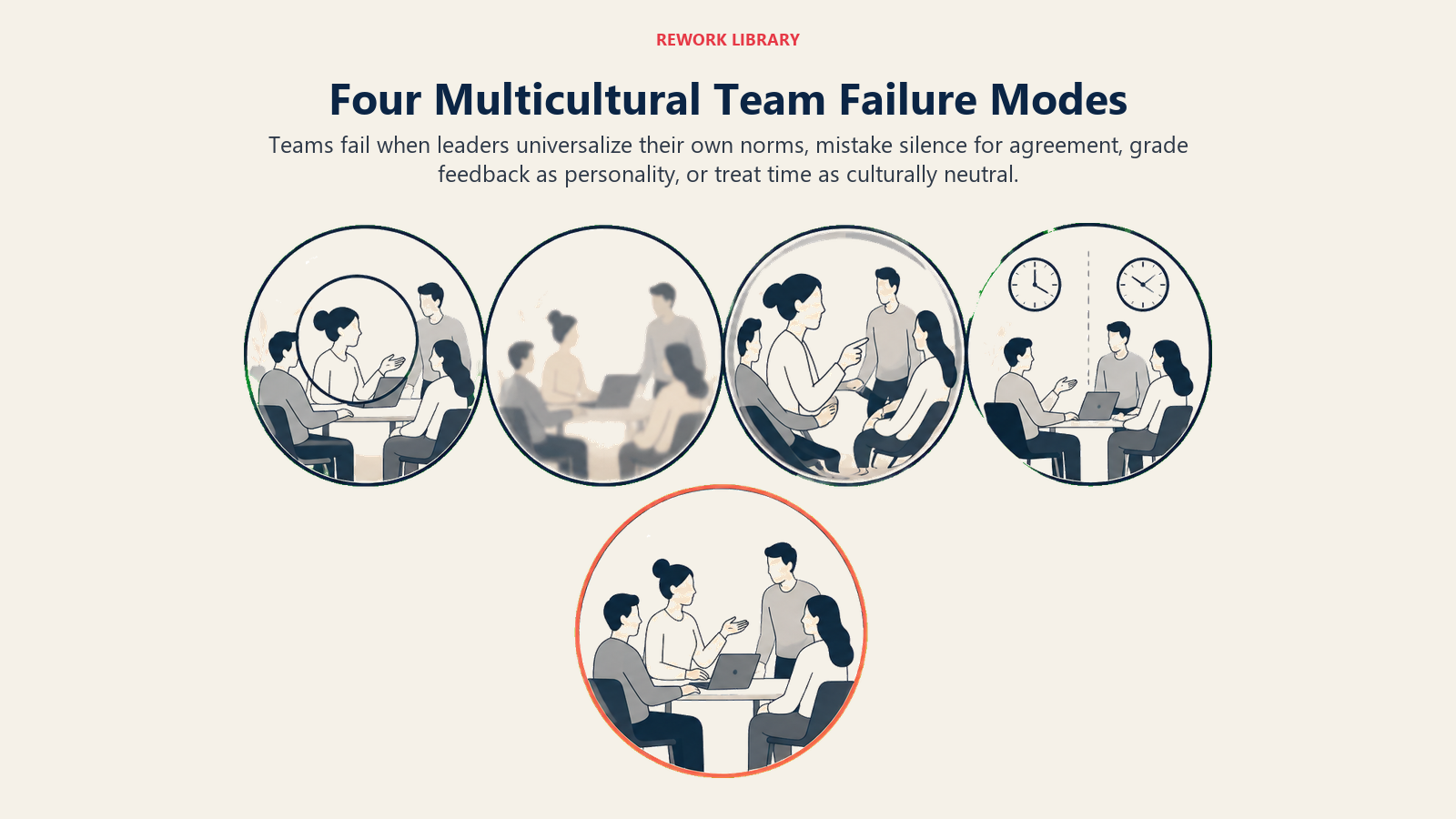Four multicultural team failure modes shown as distorted lenses for norms, silence, feedback, and time