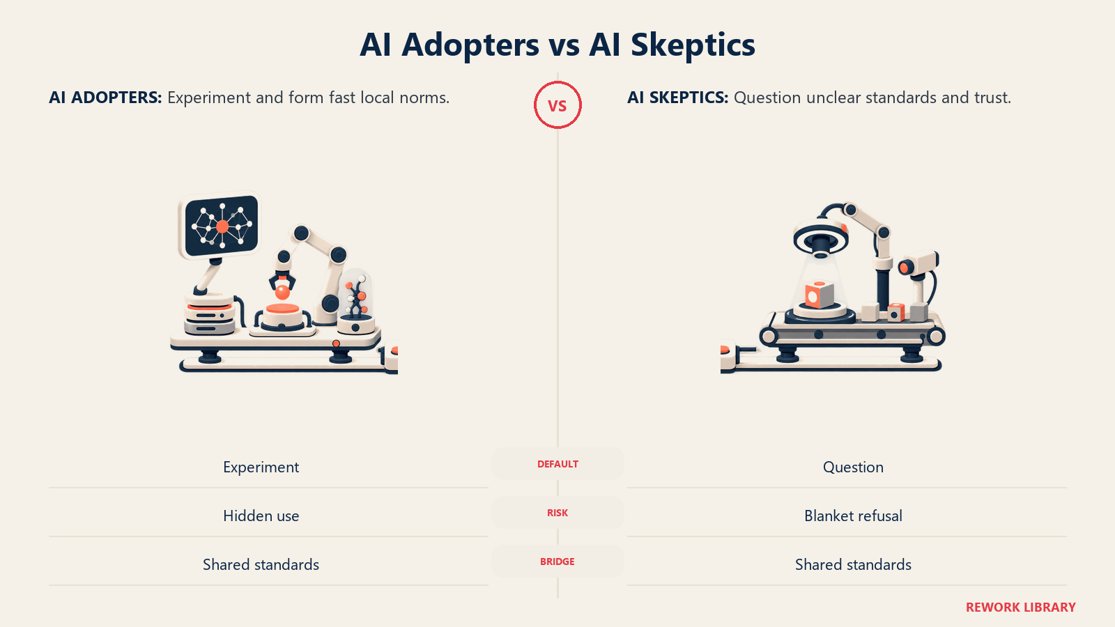 AI-adopter and AI-skeptic subcultures compared across experimentation, risk, and shared standards
