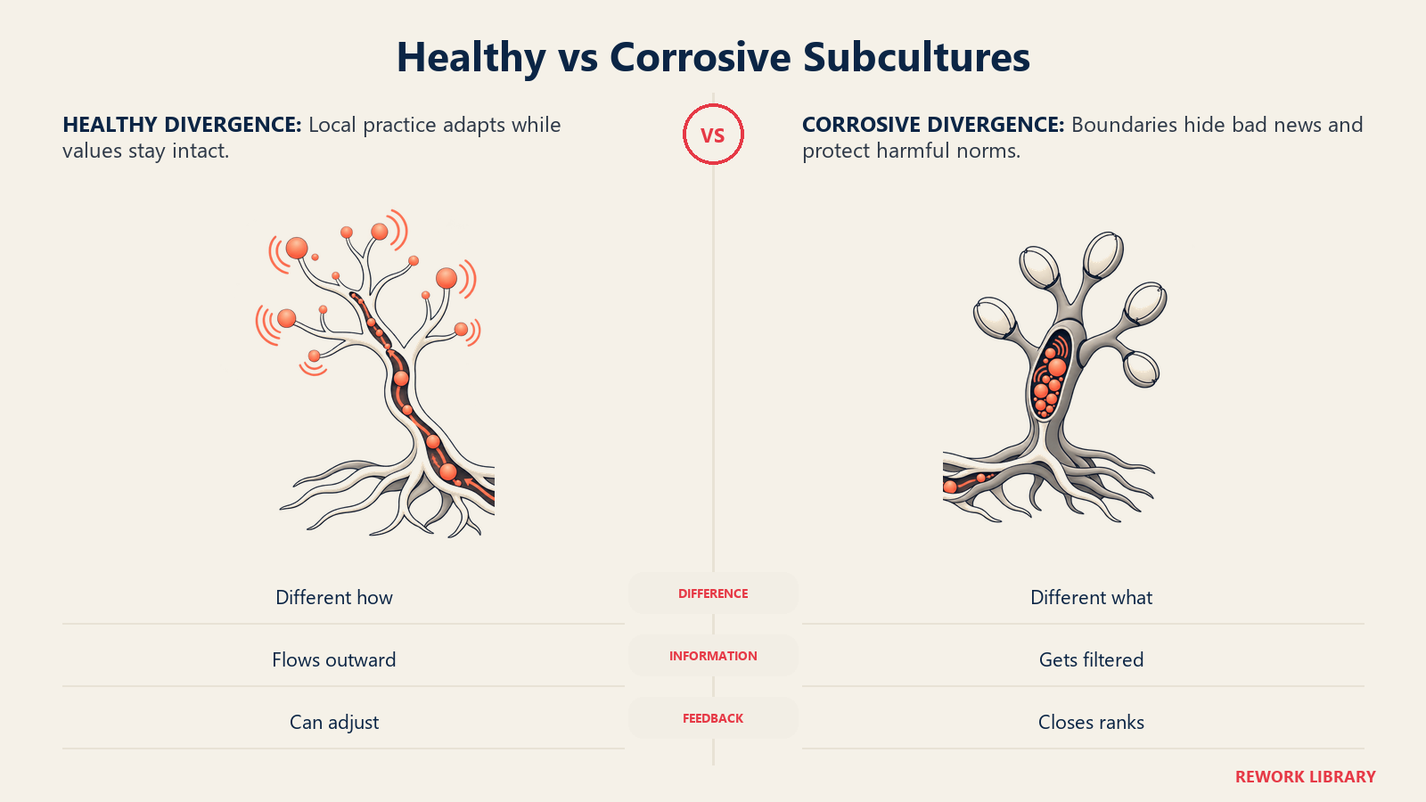 Healthy and corrosive subcultures compared by shared roots and honest information flow