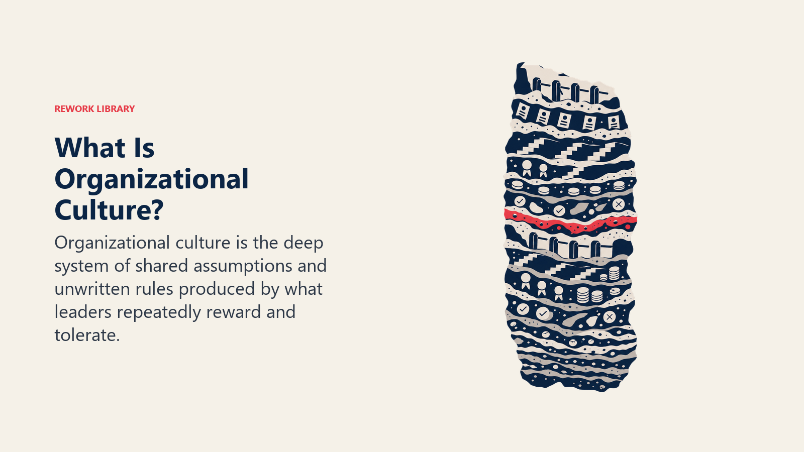 Organizational culture shown as deep sediment built from repeated hiring, promotion, reward, and tolerance decisions