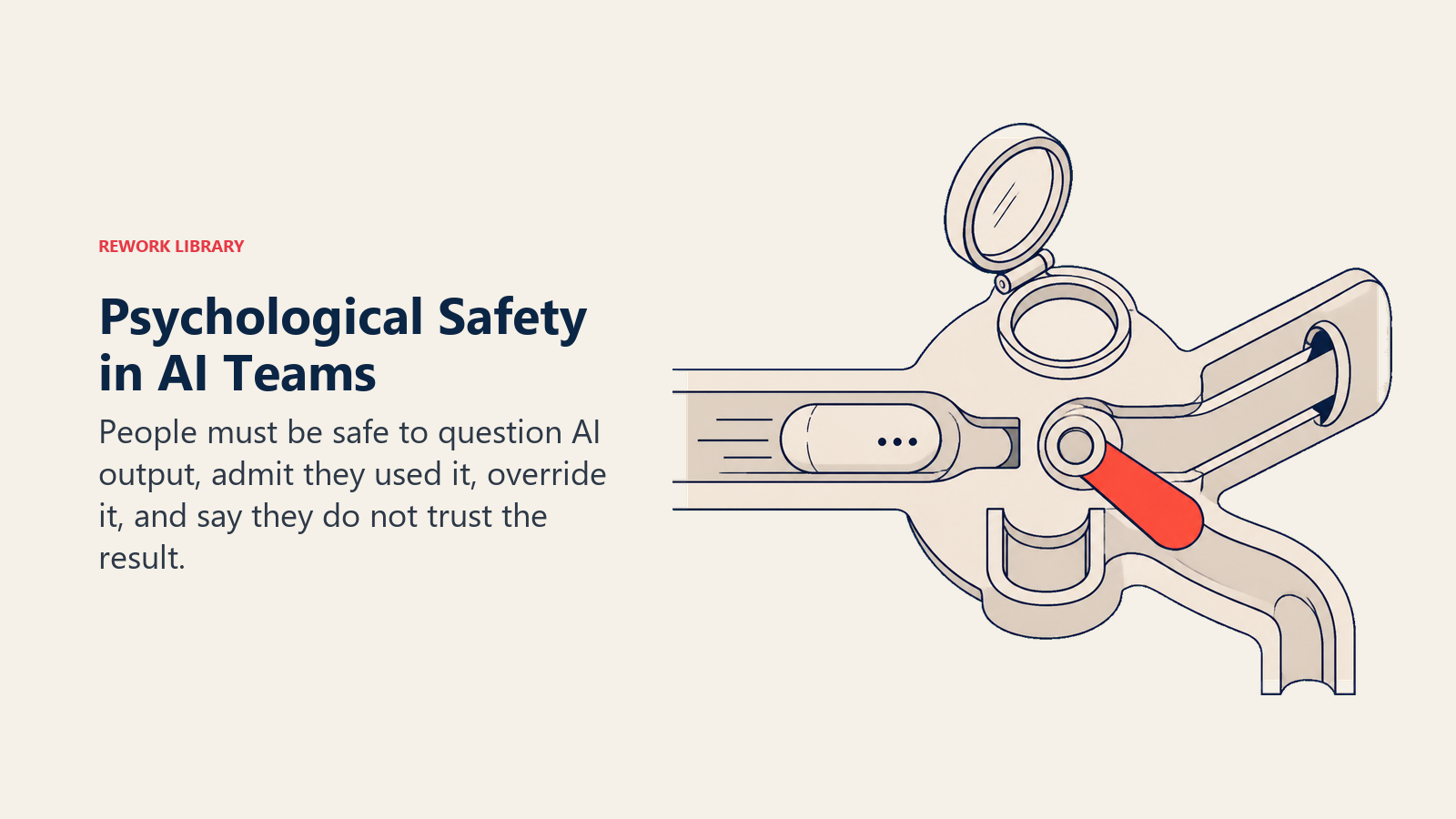 Psychological safety in an AI team shown as a visible human-judgment gate that can question, pause, or override an AI recommendation