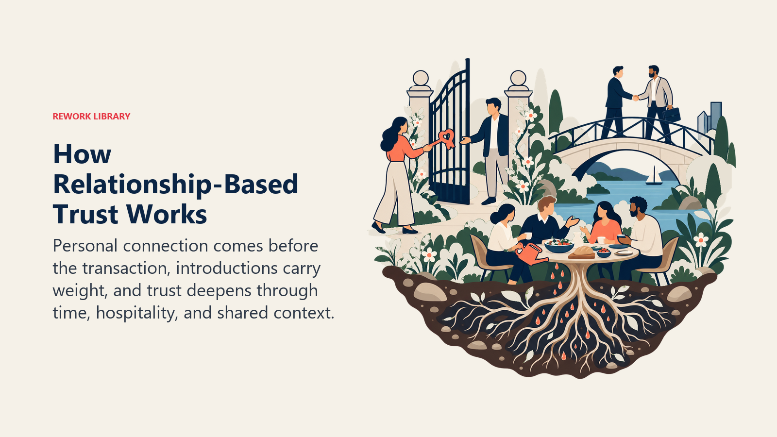 Relationship-based trust shown as a bond growing from shared time and personal connection before any transaction begins
