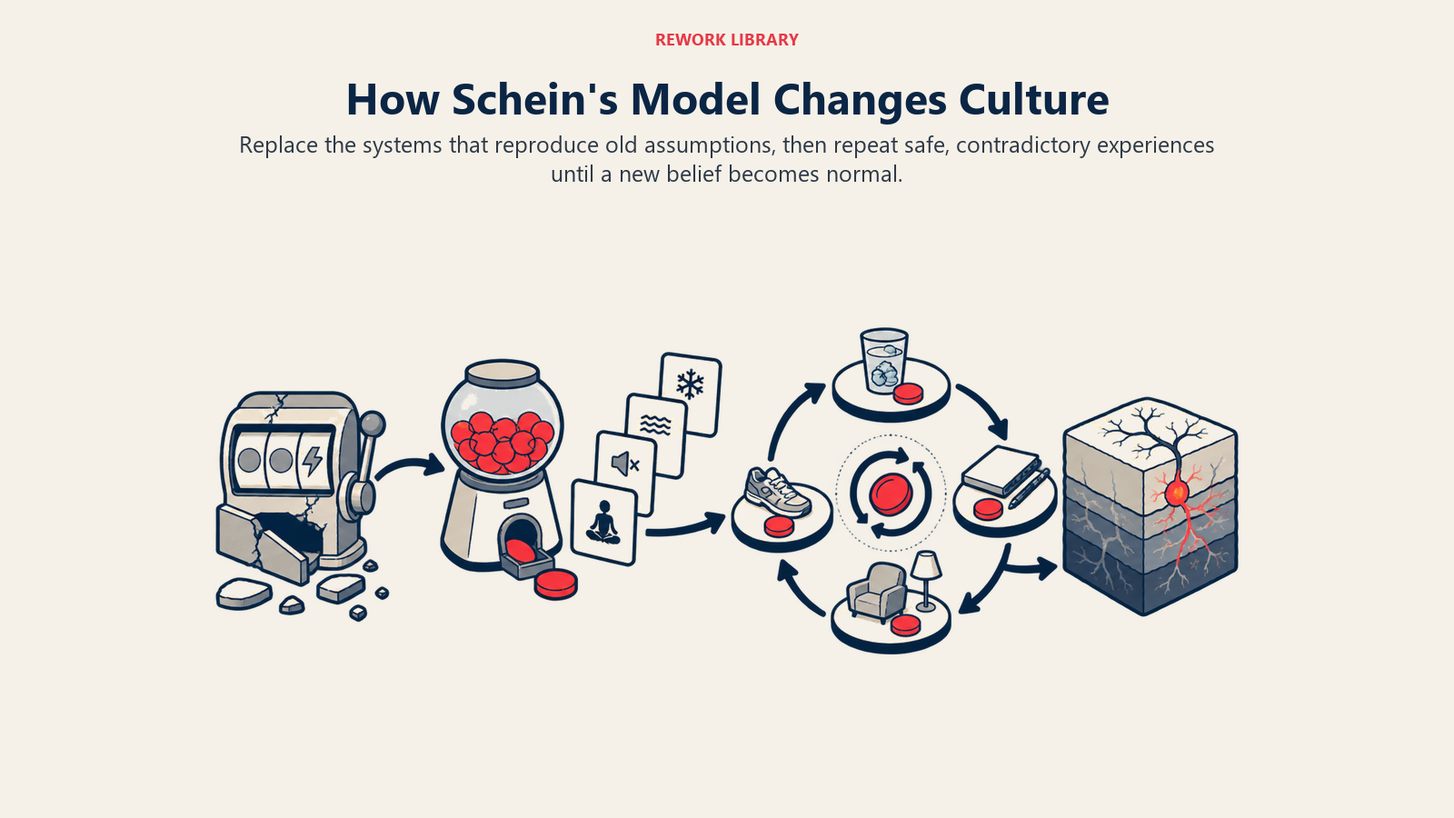 Schein culture change shown as new systems repeating safe experiences until underlying assumptions shift