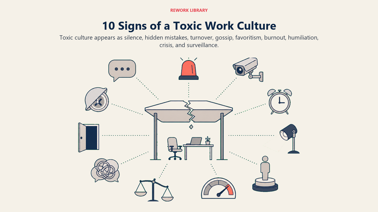 Ten signs of toxic work culture arranged around a cracked workplace canopy