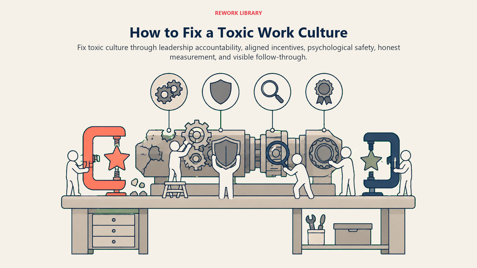 Toxic work culture repair bench using accountability, incentives, safety, measurement, and follow-through