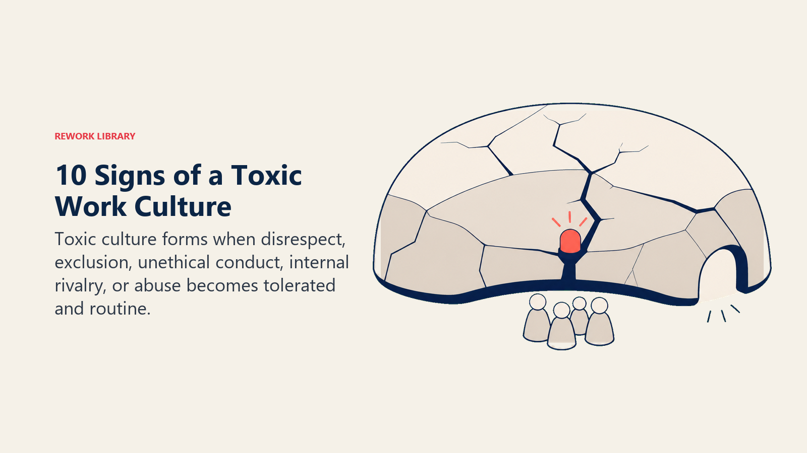 Fractured workplace canopy trapping team tokens beneath a warning beacon, representing signs of a toxic culture