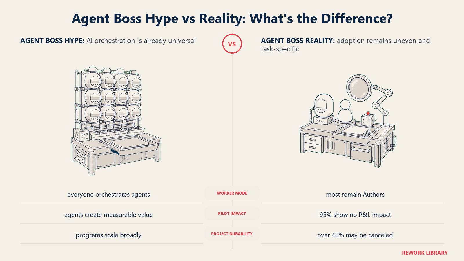 Agent boss hype versus reality shown as unattended orchestration beside grounded human review and revision
