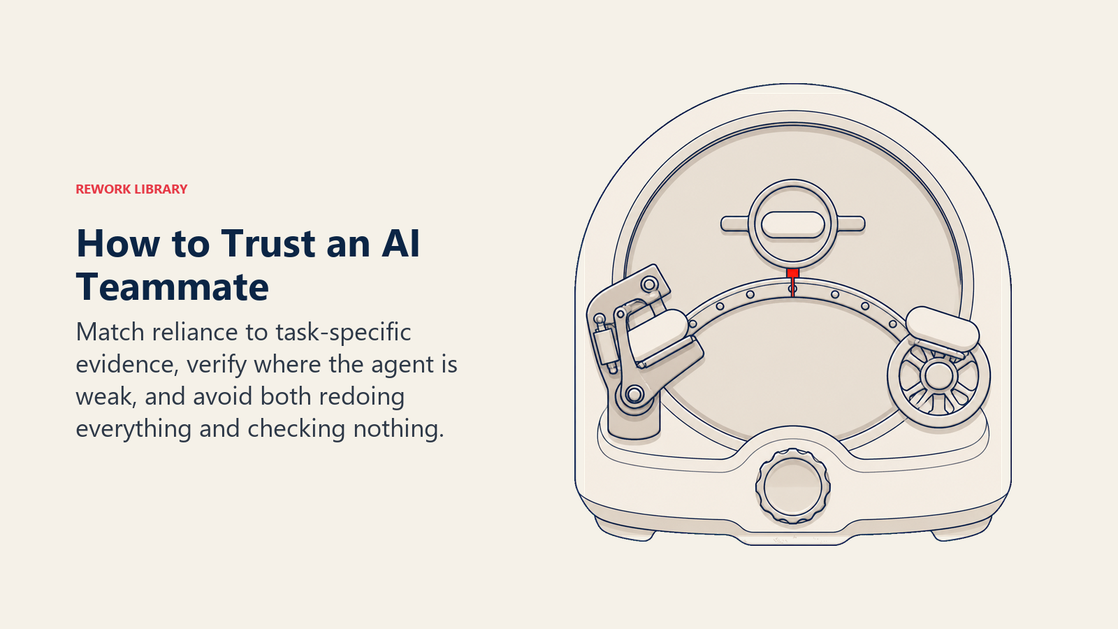 Calibrated trust in an AI teammate shown as a precision dial balancing redundant rechecking against unverified reliance