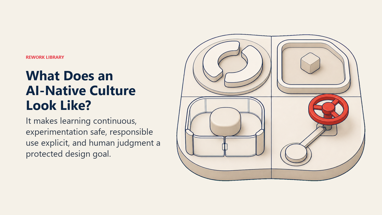 AI-native culture habits shown as a four-station workbench for learning, safe experiments, guardrails, and human control