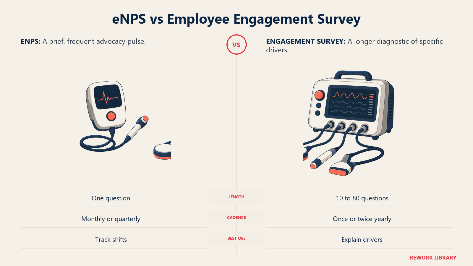 eNPS and employee engagement surveys compared as a pulse gauge and a deep diagnostic instrument