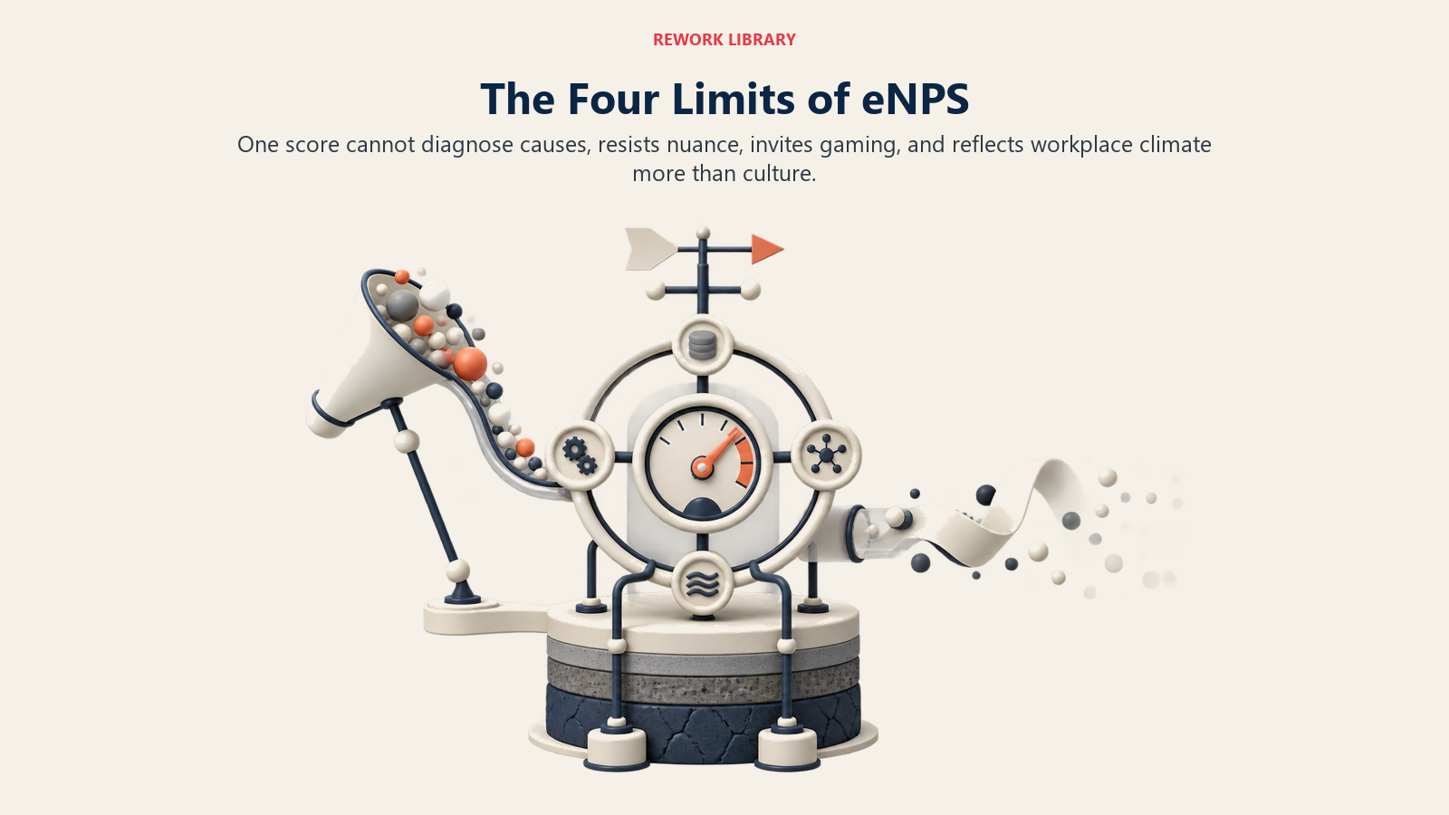 Four limitations of eNPS shown as diagnosis, gaming, passive responses, and climate blind spots