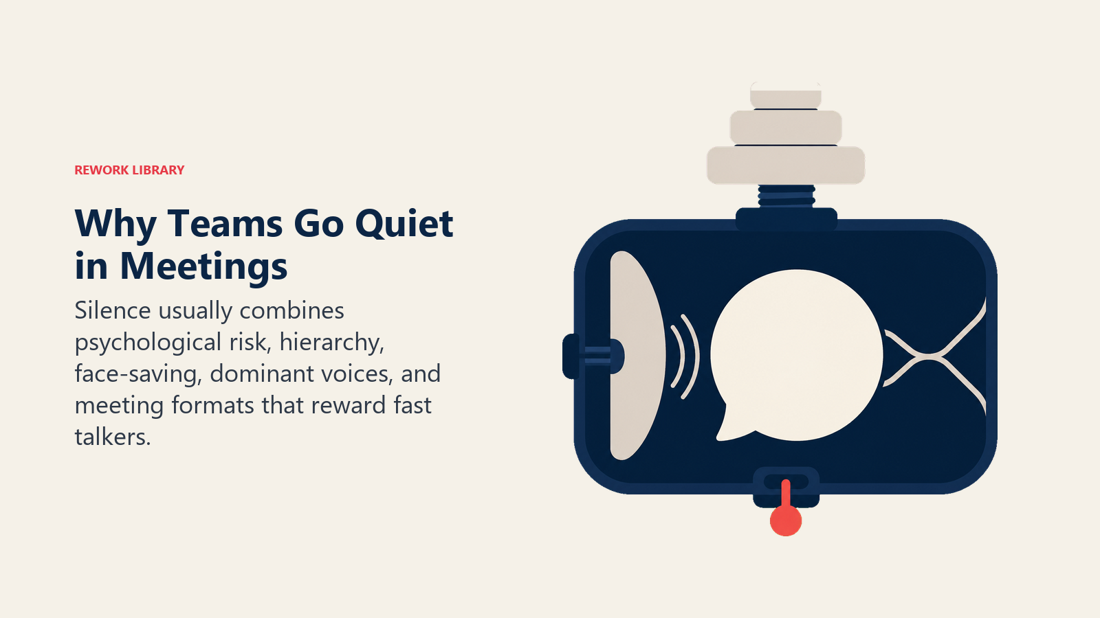 Why teams go quiet in meetings shown as a closed speech bubble held by hierarchy, dominant airtime, and time pressure