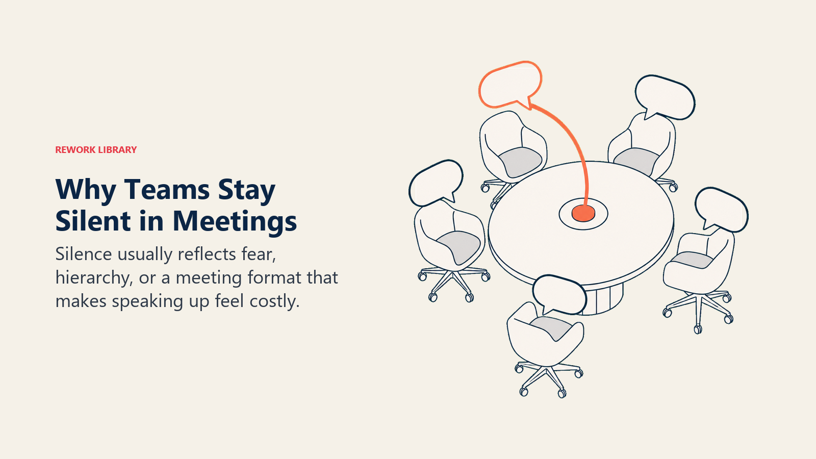 Why teams stay silent in meetings shown as closed speech bubbles around a meeting table with one safe speaking channel