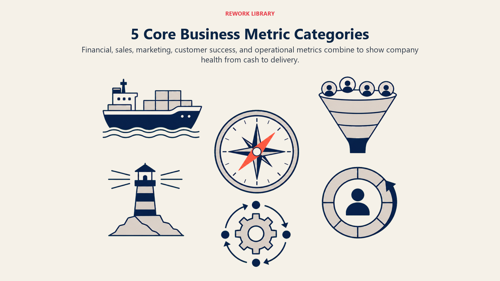Five core business metric categories shown as financial, sales, marketing, customer, and operations instruments around a company health compass