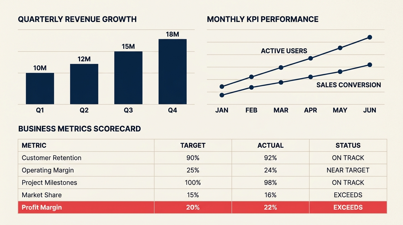 Business metrics dashboard showing the key performance indicators that matter for mid-market companies