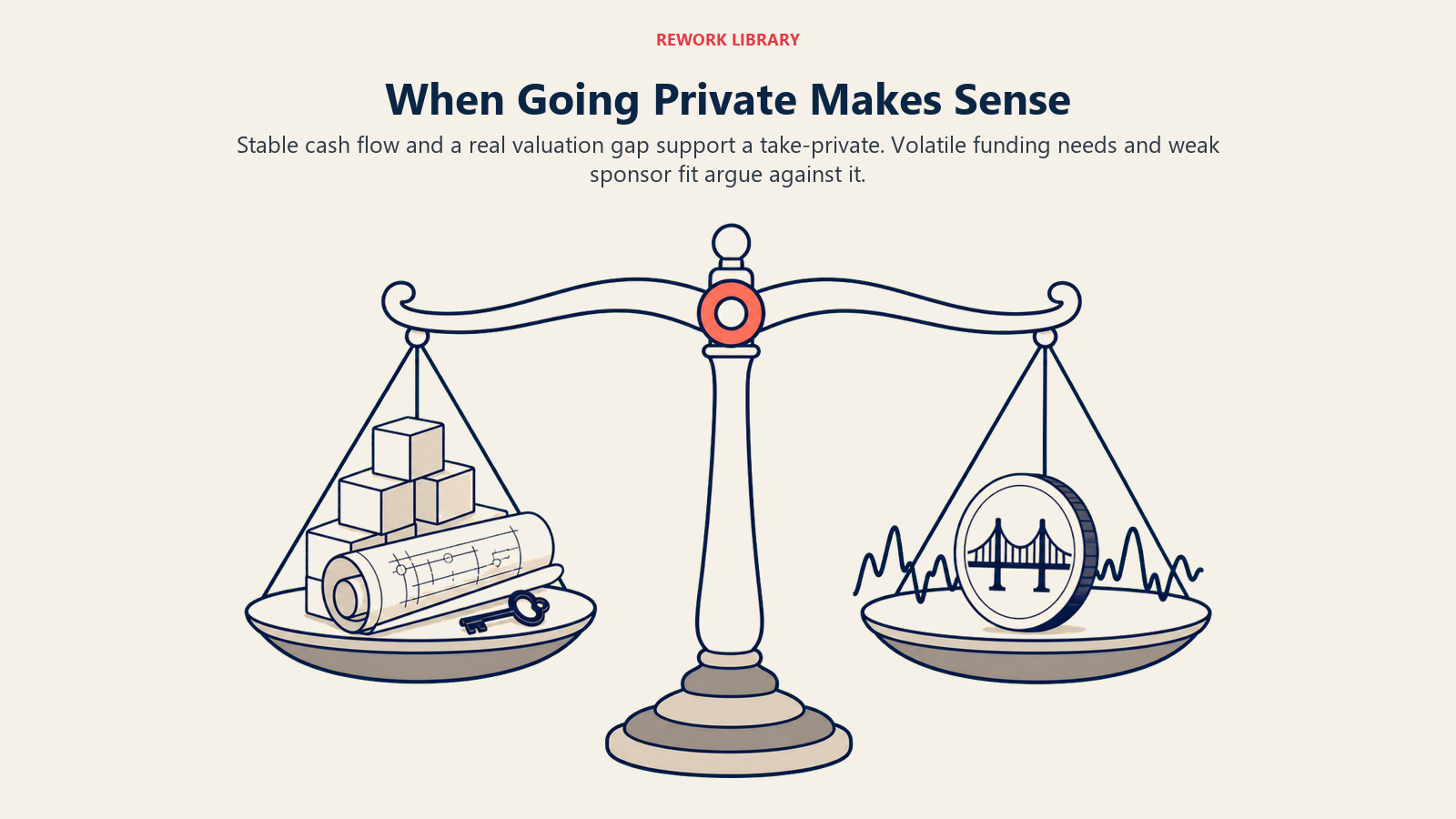 Decision scale comparing the conditions that support going private with reasons to remain public