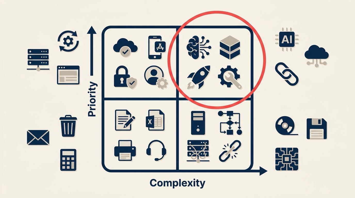 Technology investment decision framework showing evaluation criteria and governance process