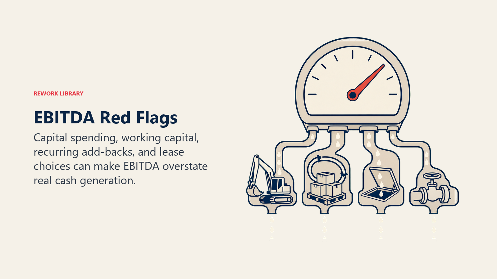 EBITDA red flags shown as a healthy gauge hiding capital spending, working capital, add-back, and lease drains