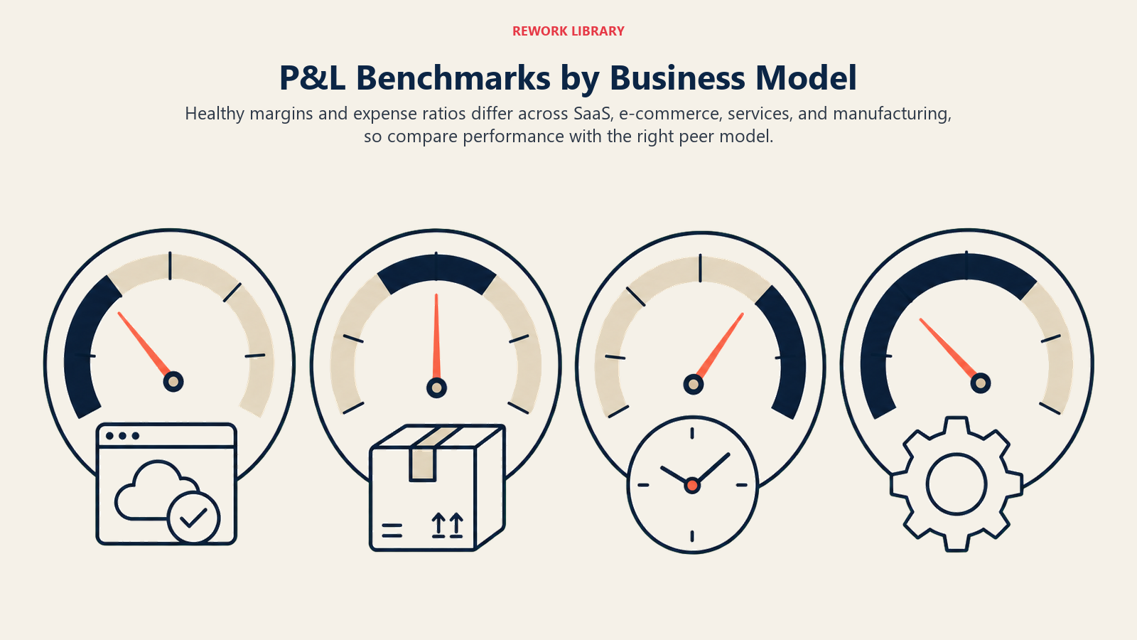 P&L benchmarks by business model shown as distinct peer gauges for SaaS, e-commerce, services, and manufacturing
