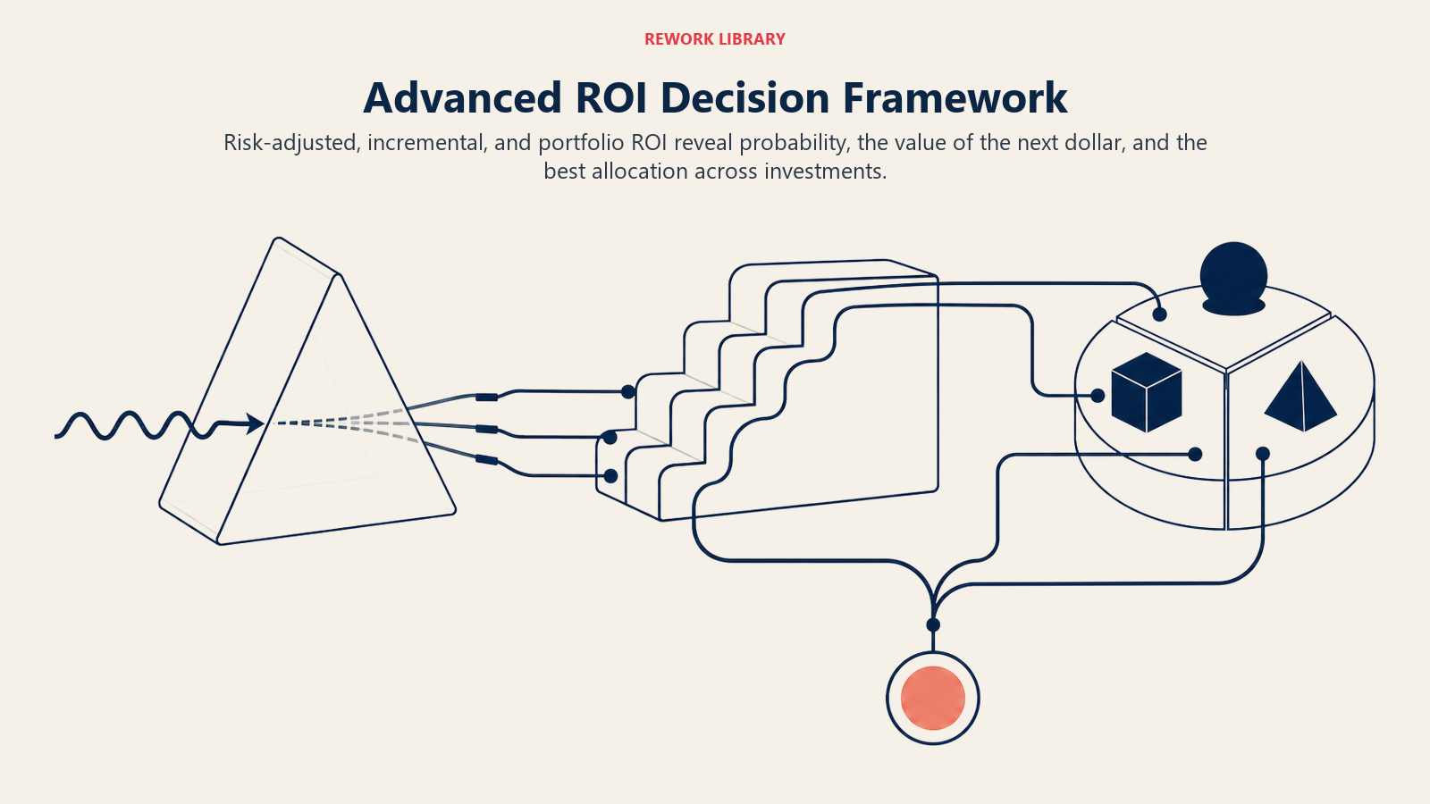 Advanced ROI decision framework shown with risk probability, incremental return, and portfolio allocation instruments