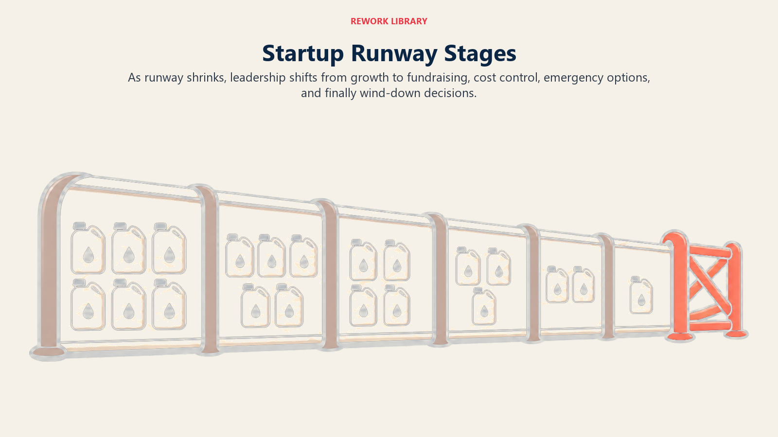 Startup runway stages narrowing from comfortable operating space to fundraising urgency, danger, and a final stop gate