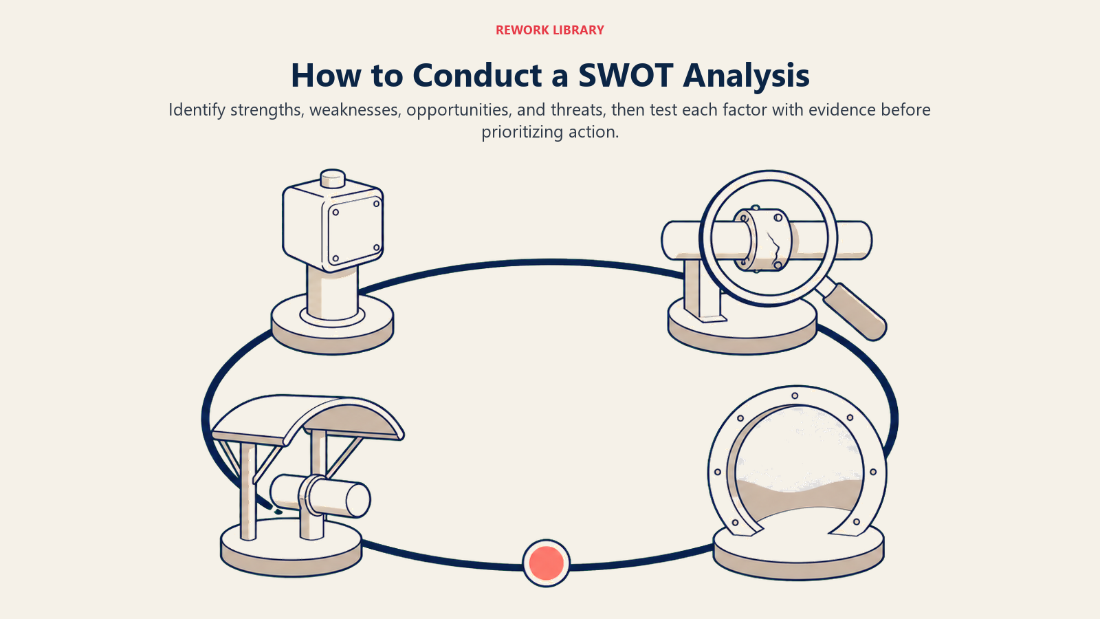 How to conduct a SWOT analysis shown as a four-station evidence review ending in prioritized action