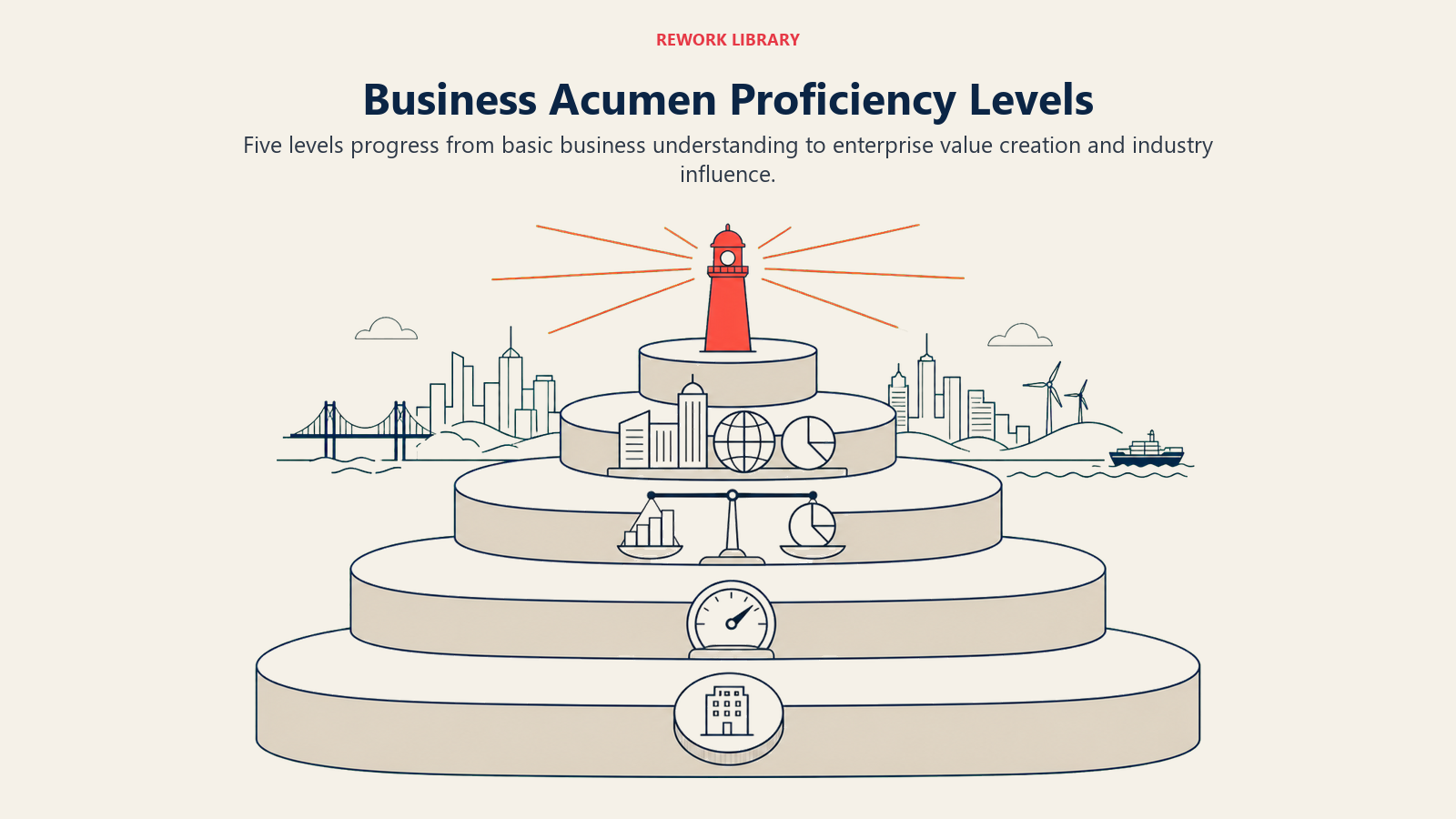 Business Acumen Proficiency Levels shown as five widening decision horizons