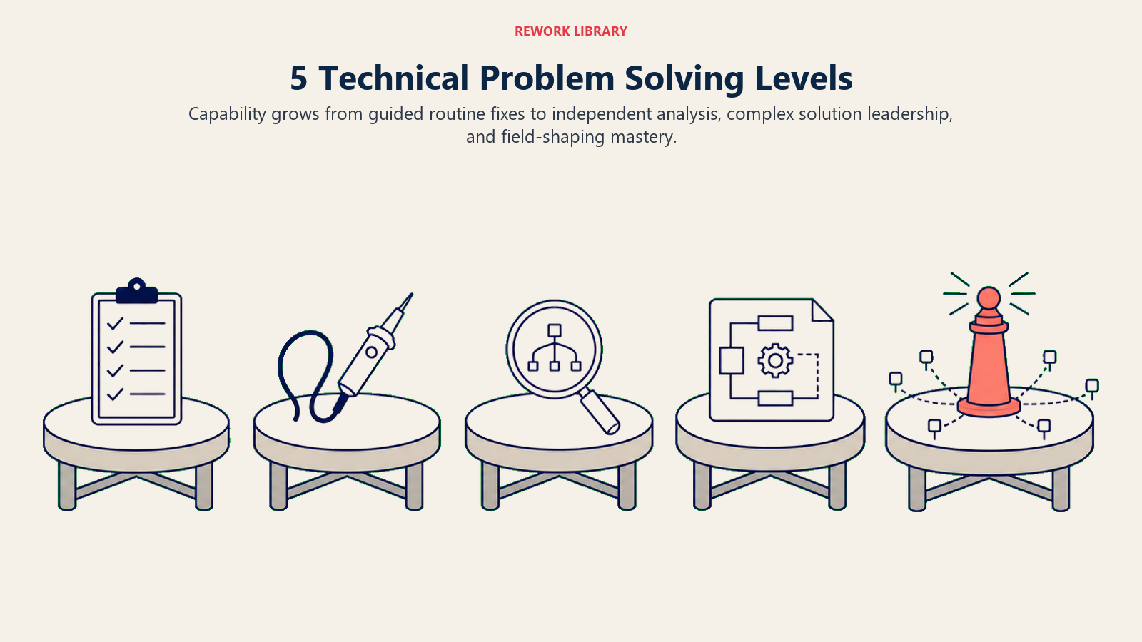 Five technical problem solving proficiency levels progressing from foundation to mastery