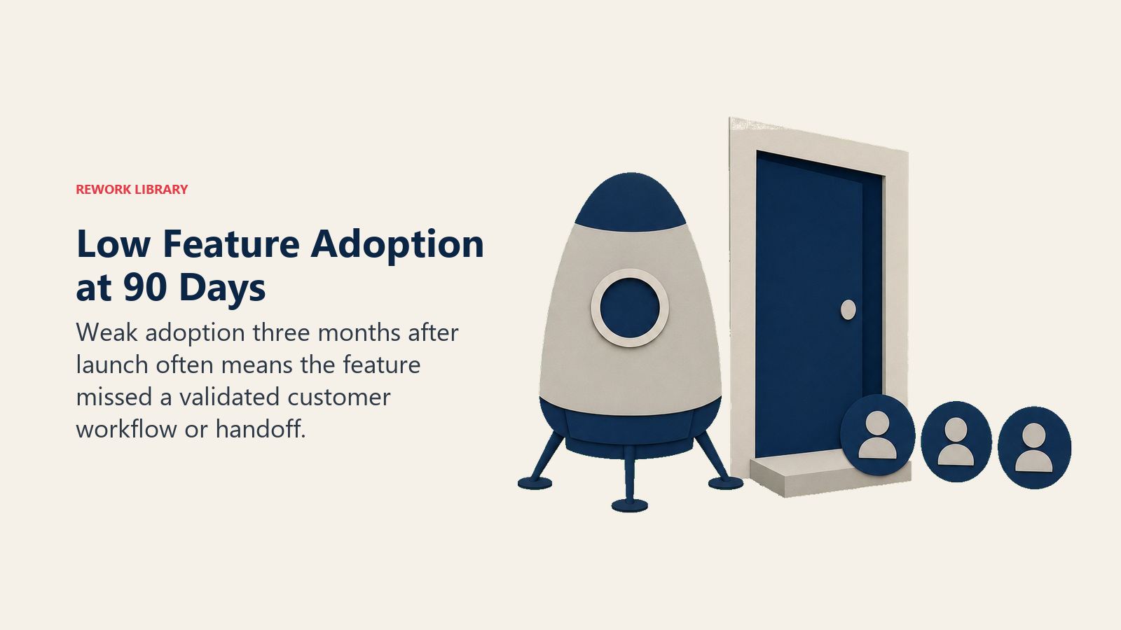 Low Feature Adoption at 90 Days illustrated with launch capsule beside unused doorway