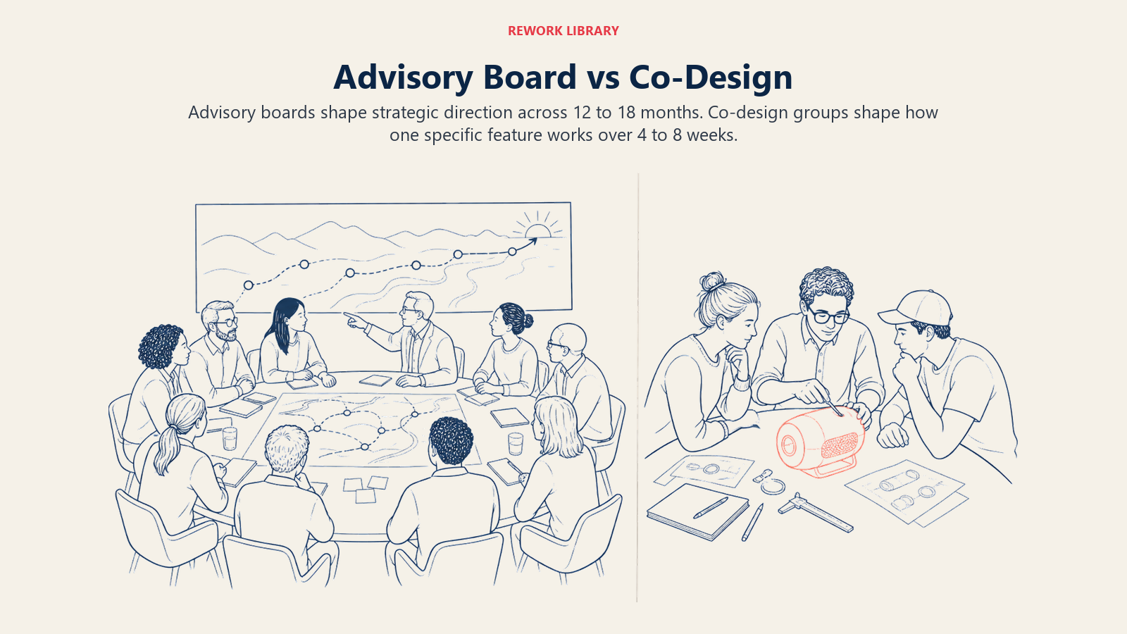 Advisory Board vs Co-Design illustrated by two contrasting work areas
