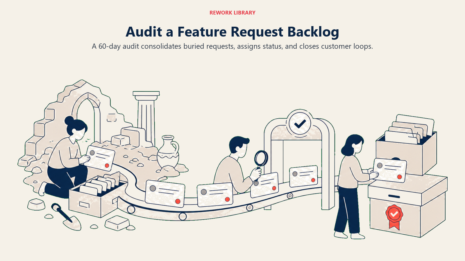 Audit a Feature Request Backlog: wide archive excavation moving request cards through audit and closure stations