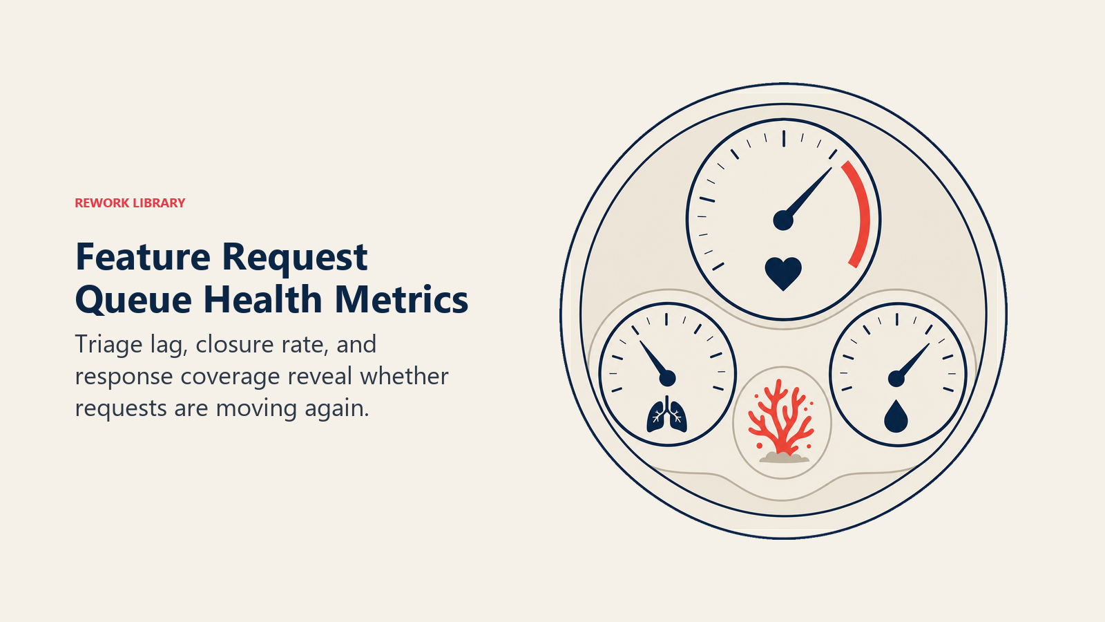 Feature Request Queue Health Metrics: three-dial health instrument with one coral recovery indicator