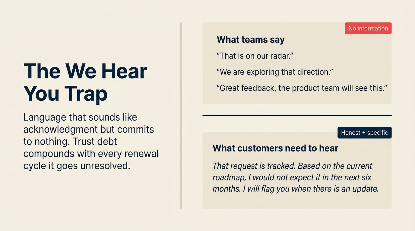 The We Hear You Trap: vague non-answer phrases that create trust debt