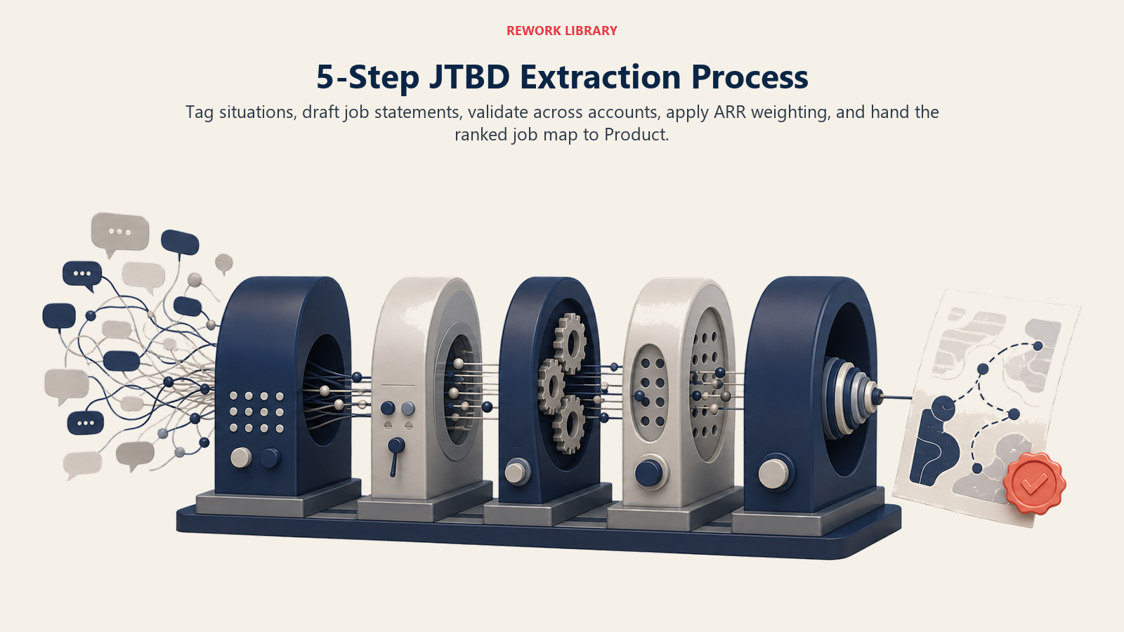 5-Step JTBD Extraction Process illustrated by five-stage extraction press