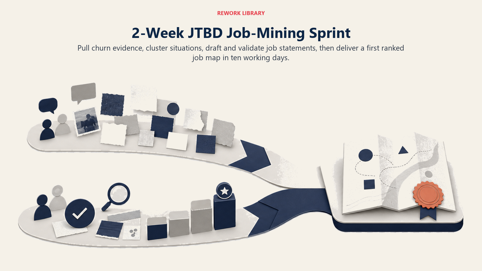 2-Week JTBD Job-Mining Sprint illustrated by two-lane sprint track