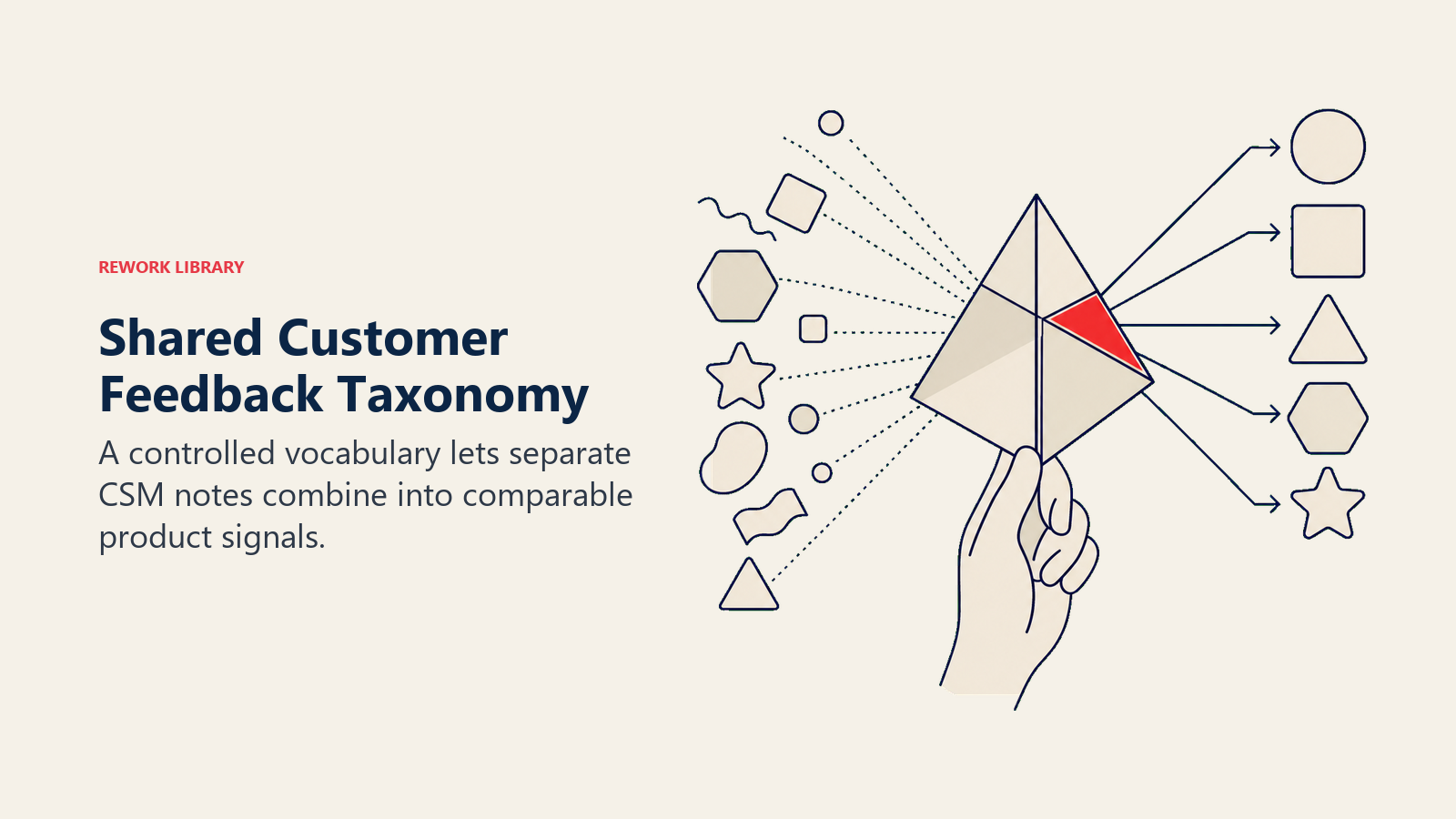Shared Customer Feedback Taxonomy: shared labeling prism aligning mismatched observation tokens into common shapes