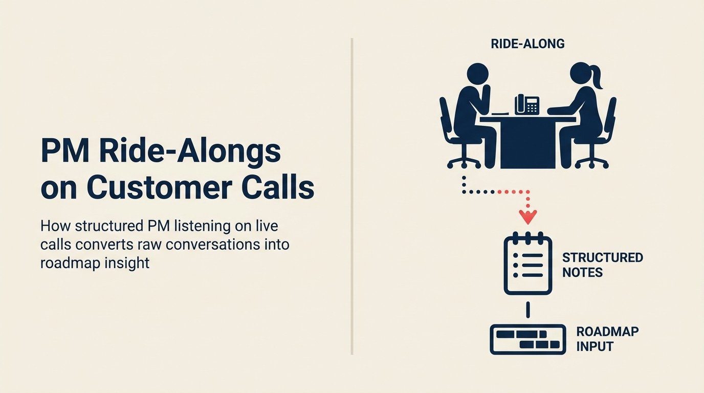 PM ride-along operating model showing pre-call brief, on-call listening, and post-call debrief stages