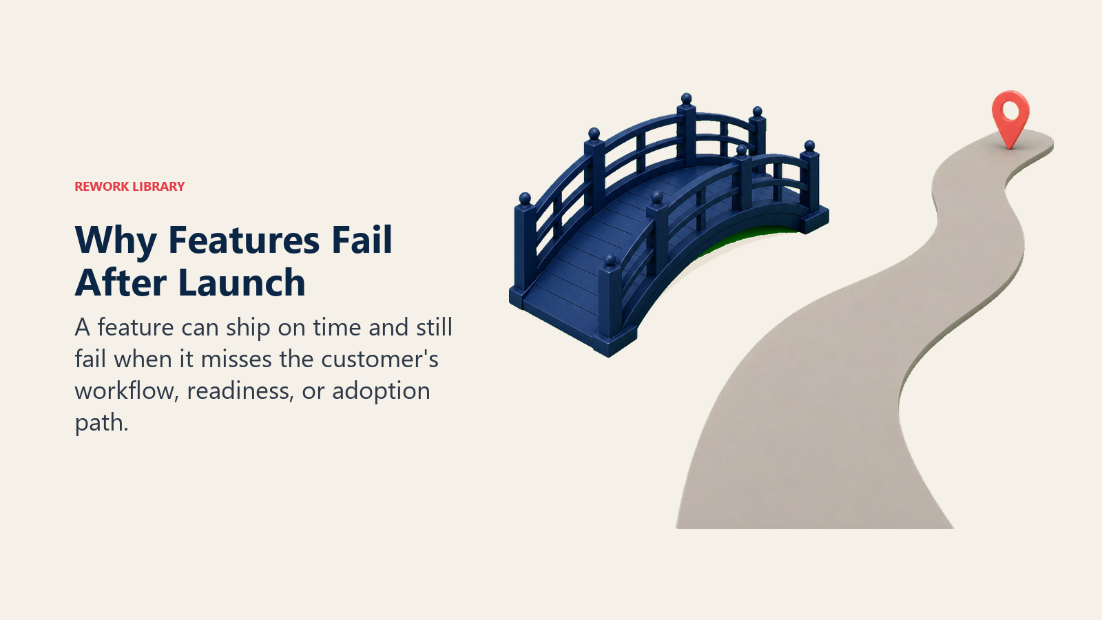Why Features Fail After Launch illustrated with bridge ending beside destination